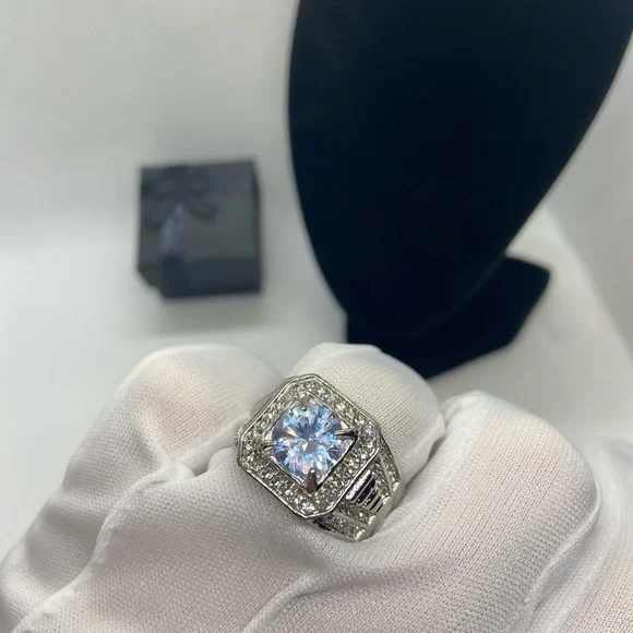 NEW Men Silver Square Diamond Wide Band Ring - Picture 8 of 11